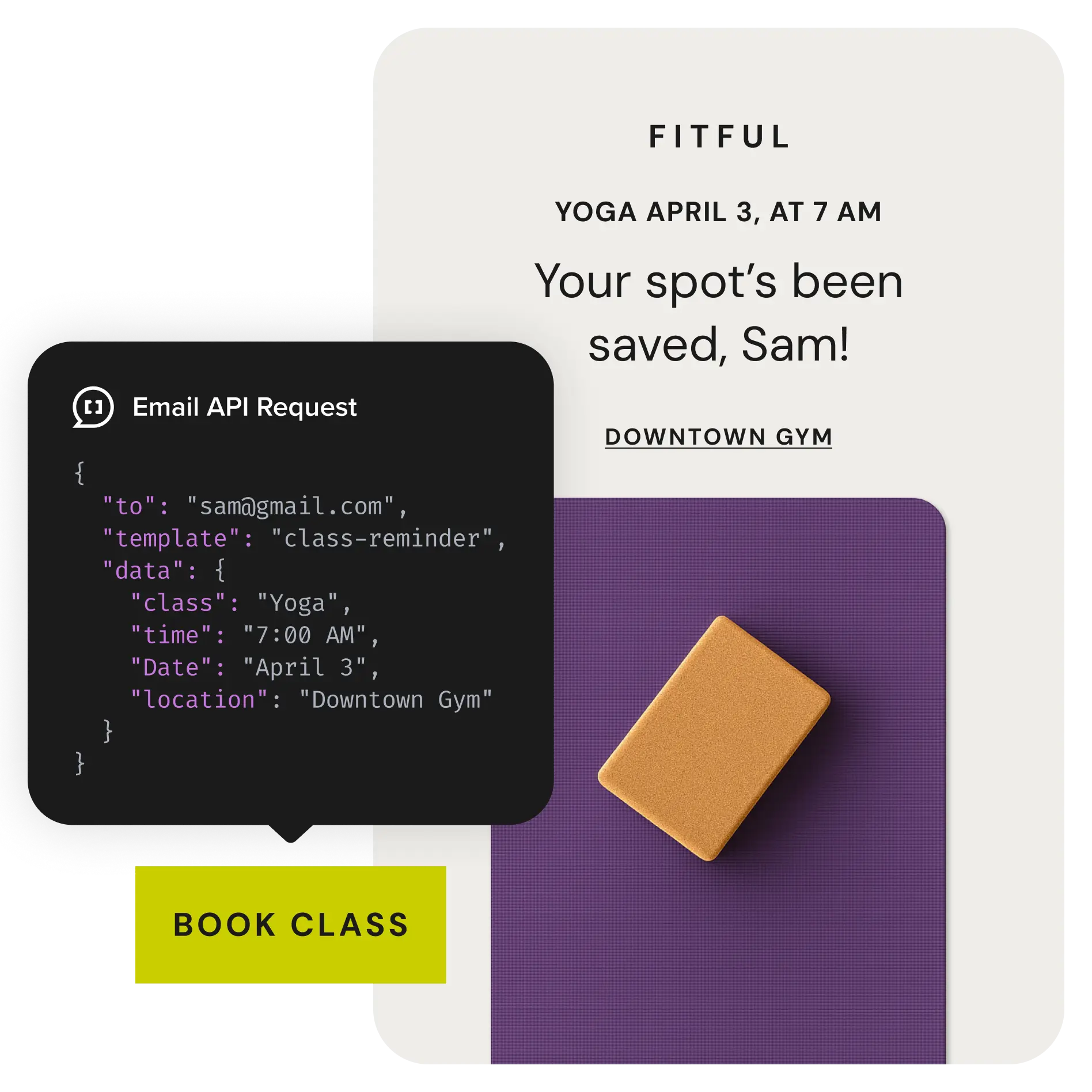 Une charge utile JSON d’API affichée par-dessus l’e-mail qu’elle envoie.